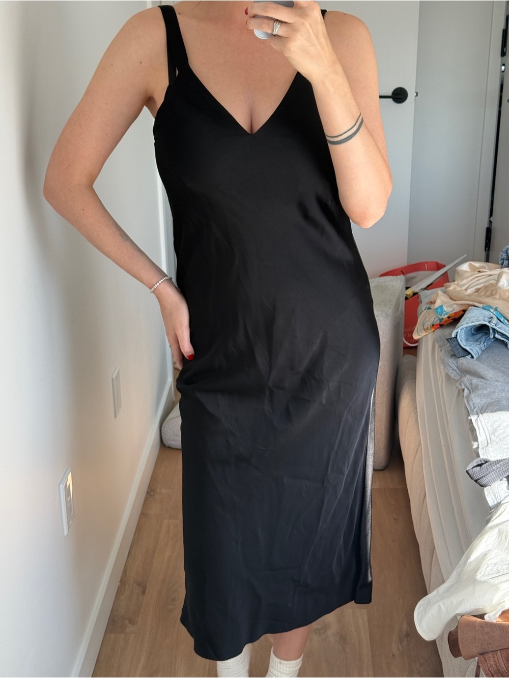Zara Black Midi Slip Dress with V-Neck